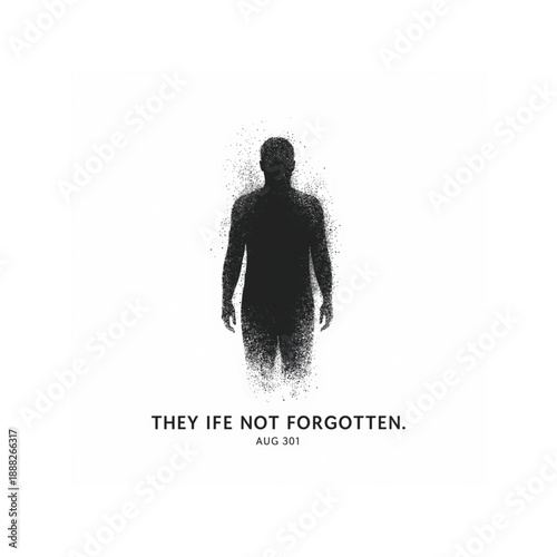 Silhouette of man fading into particles with memorial text