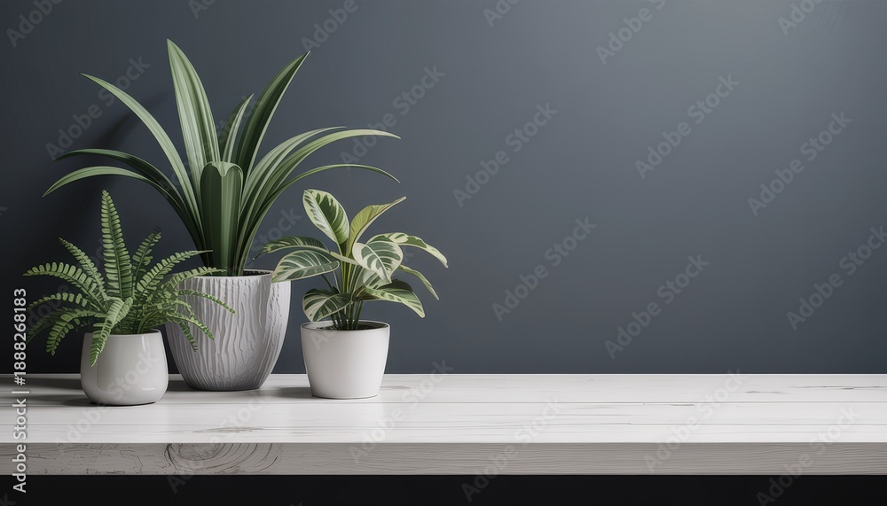 Fototapeta premium Three different potted plants on a white wooden shelf against a dark blue wall