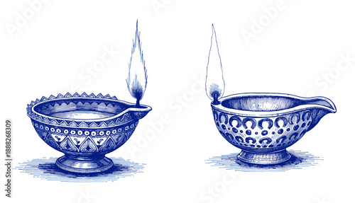 Vintage sketch of decorative diya lamps with blue ink for Diwali  