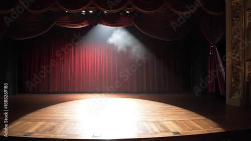 Empty concert stage with red drapery curtains and wooden floor. Scene for theatre premier performance, music award ceremony or film movie presentation. Generative AI
