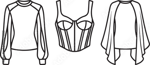 Set of contemporary women apparel sketches including puff sleeve top and strapped corset
