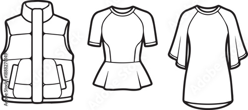 Set of three fashion design flat sketches woman puffer vest, peplum top and bell sleeve top