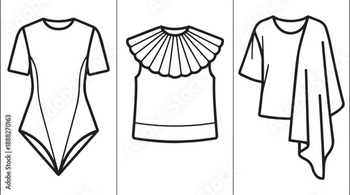 Set of three fashion design flat sketches woman swimwear, blouse and asymmetric draped top