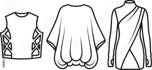 Set of three fashion design flat sketches woman vest, blouse and one shoulder long sleeve top