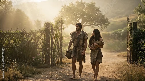 Biblical Scene of Adam and Eve Wearing Animal Skins Walking Away from Garden of Eden Gate into Wilderness Depicting Expulsion and Original Sin History in Genesis Old Testament