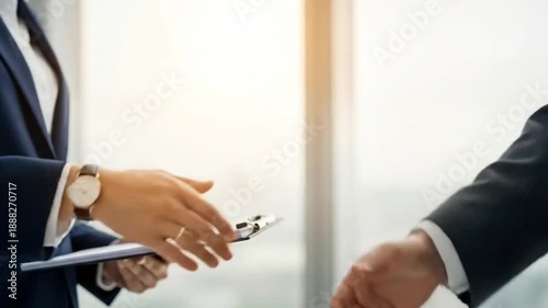 Businessmen shaking hands in office, successful partnership agreement.