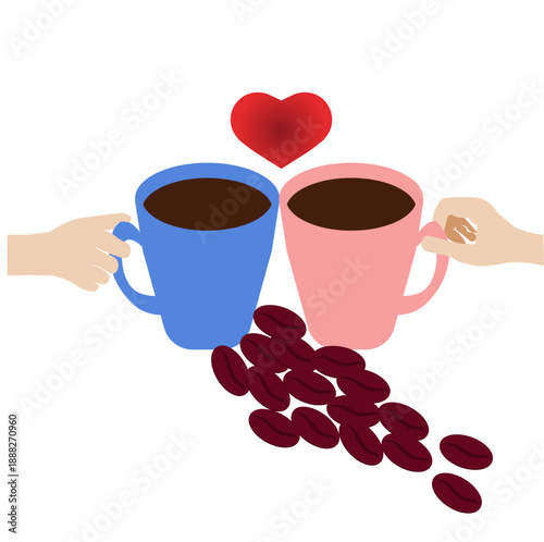 Male and Female Hands Holding Blue and Pink Coffee Cups with Red Heart and Coffee Beans on White Background