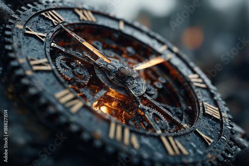 Industrial Antique Clock Face with Moving Gears