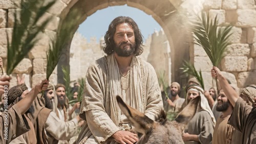 Biblical Scene of Jesus Christ Riding Donkey Entering Jerusalem City Gate with People Waving Green Palm Branches Depicting Triumphal Entry on Palm Sunday for Easter Religious History Concept