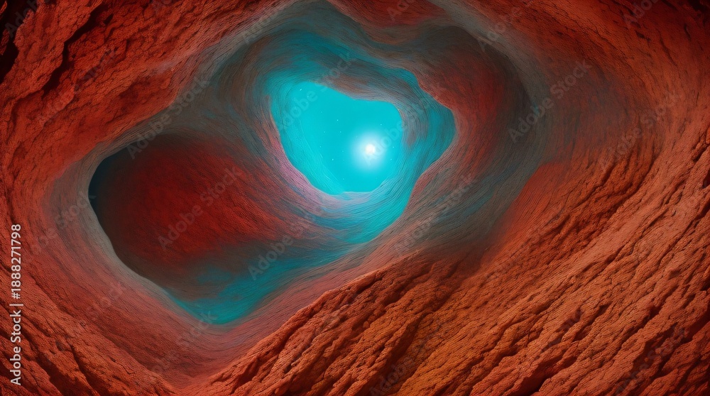 Obraz premium Cave tunnel with bright blue light at the end and rough textured walls.