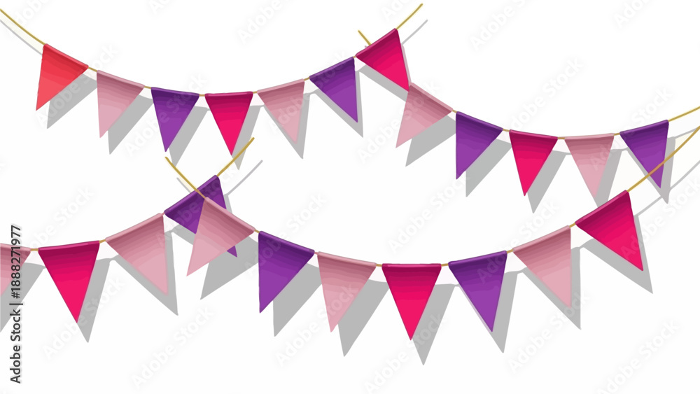 Fototapeta premium Festive pink and purple triangular pennant banners with subtle shadows, ideal for vibrant celebration decorations, holiday greetings, and cheerful event designs