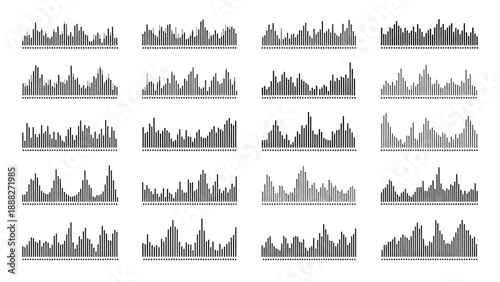 Collection of sound wave visualizations in abstract, pixelated grayscale patterns for audio technology and music production
