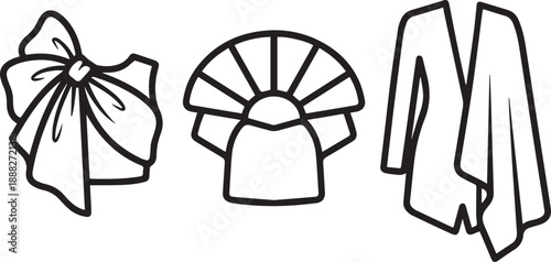Artistic garment line drawings set with large bow blouse and pleated fan design clothing
