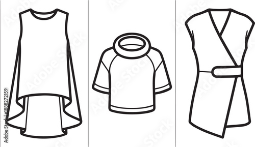 Avant garde fashion silhouettes featuring high low hem dress cowl neck top and wrap jacket