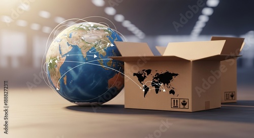 Cardboard Box with World Map Shipping Global.