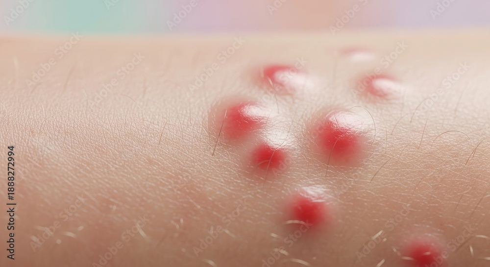 Fototapeta premium Red Blisters on Human Skin Closeup.