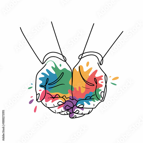 Hands holding colorful paint splashes in artistic illustration  