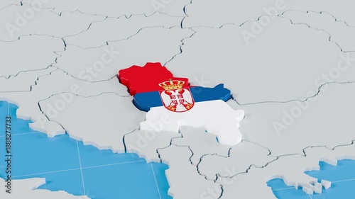 3D animation of Serbia highlighted on Europe map with flag colors.	