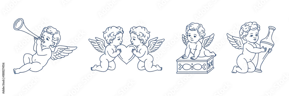 Obraz premium Hand drawn romantic cupid cherub doodles with pizza and champagne for valentines day 