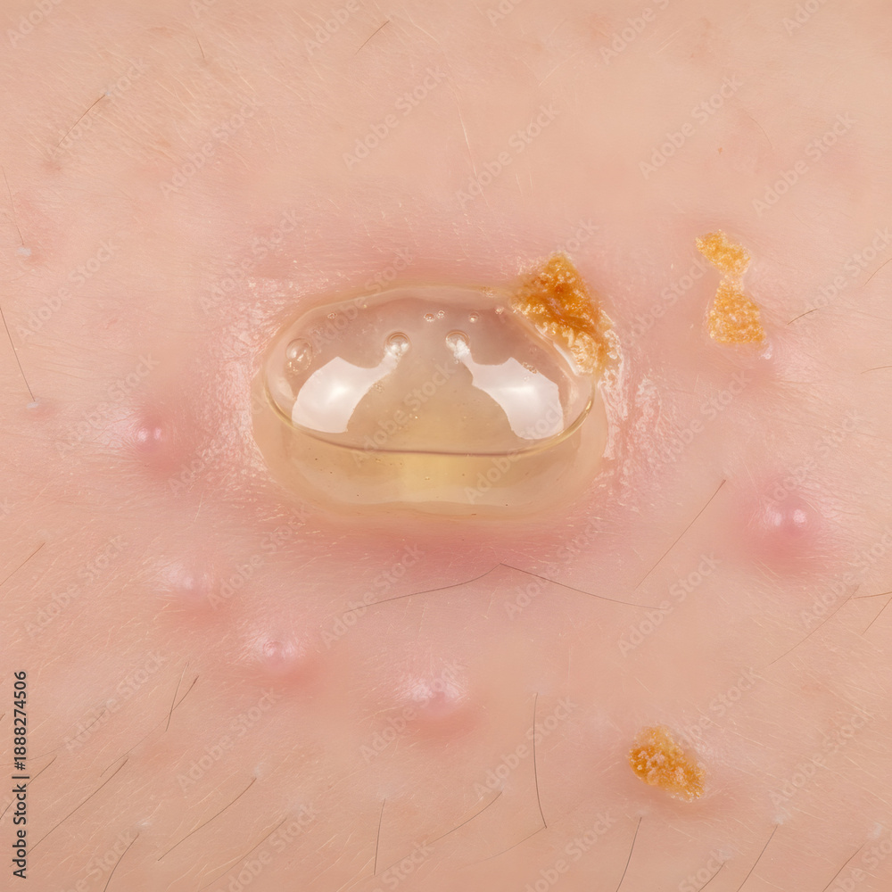 Fototapeta premium Close-up of a large, fluid-filled bulla on human skin, a characteristic sign of bullous impetigo
