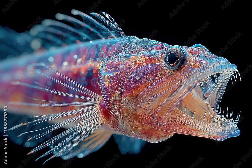 Fototapeta premium A fantastical image of a predatory deep-sea fish with a translucent body and glowing internal structures. 