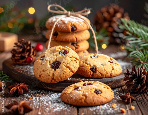 Freshly baked rustic cookies with dried berries and powdered sugar, tied with twine, winter holiday food still life with pine cones and star anise.