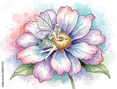 Dreamy fairy resting on center of giant watercolor flower surrounded by magical splashes