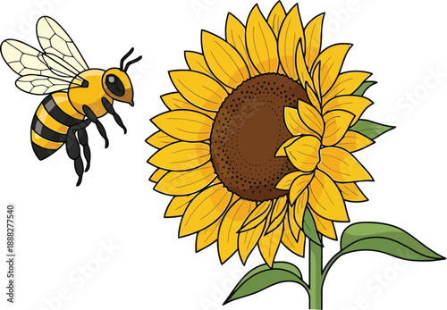 Honey bee flying near large bright yellow sunflower with green leaves in cartoon style