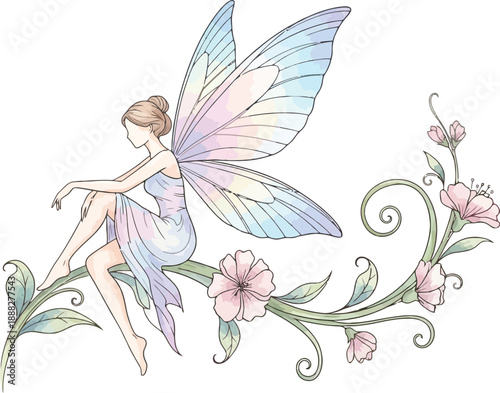 Elegant fairy girl sitting on blooming vine with pastel butterfly wings and floral design