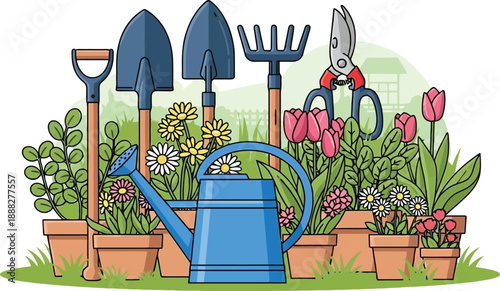 Assorted gardening tools and potted plants with watering can in backyard setting
