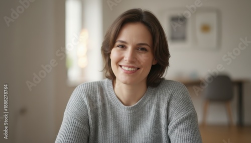 Portrait of a smiling young woman in a gray sweater standing indoors with a blurred office background and natural light Free Download Portrait of a smiling young woman in a gray sweater standing indoors with a blurred office background and natural light - GFXLoad
