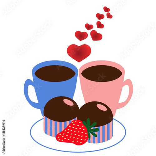 Pink and Blue Coffee Cups with Candies, Strawberry and Red Hearts
