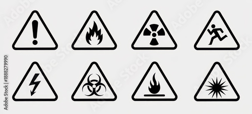 Warning triangular caution shapes signs with various danger symbols: hazard, flammable, radiation, slipping, electrical, biohazard, toxic, explosion 
