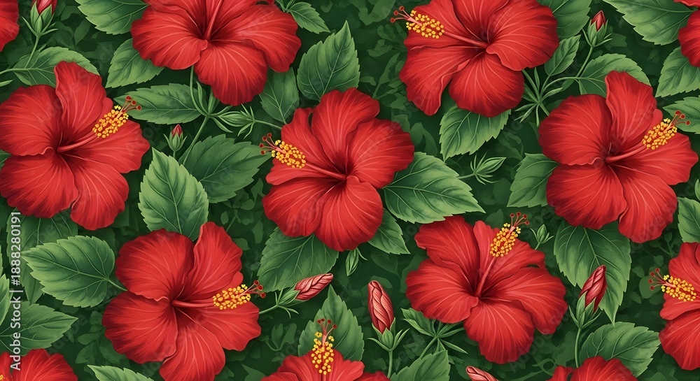 custom made wallpaper toronto digitalLush pattern of vibrant red hibiscus flowers, green leaves, and buds on a dark background