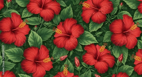 Wallpaper Mural Lush pattern of vibrant red hibiscus flowers, green leaves, and buds on a dark background Torontodigital.ca