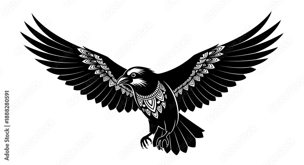 Fototapeta premium A stylized black raven with ornate feather details, wings outstretched, depicted in flight