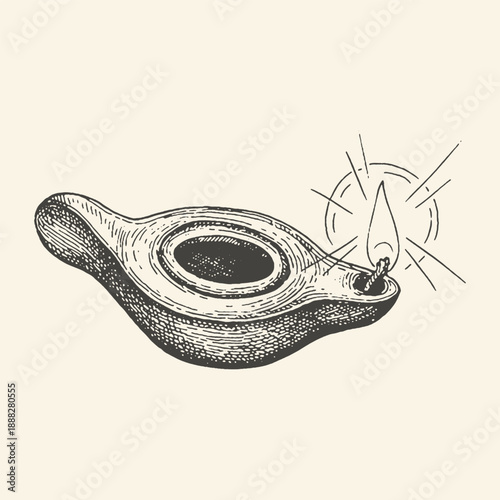 Vintage illustration of an ancient oil lamp with a burning wick, evoking history, light, and simplicity, rendered in a classic black and white sketch style.