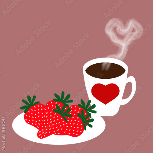 White Coffee Cup with Heart and Plate of Strawberries for Loved One