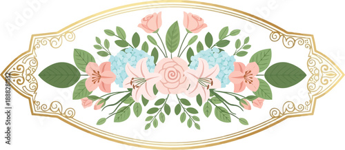 Ornate oval floral center piece with lilies and roses in golden filigree frame