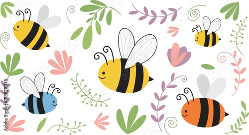 Cute cartoon bumblebees in various colors flying among colorful leaves and plants on transparent background