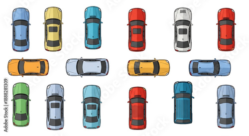 Flat Vector Top View Car Set with Color Fills for Architectural Site Plans | Sedans, SUVs, Trucks