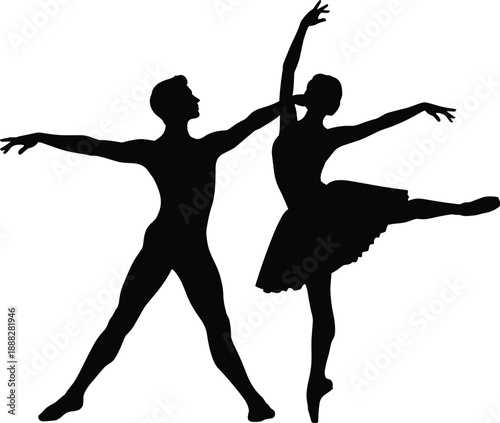 Silhouette of two ballet dancers performing graceful pose in tutu and stance, ideal for dance, elegance, art, and movement themes.