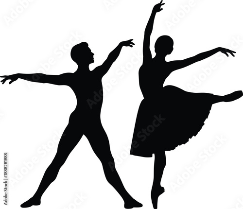 Silhouette of two ballet dancers performing elegant poses, ideal for dance, performance, art, grace, and classical movement themes.