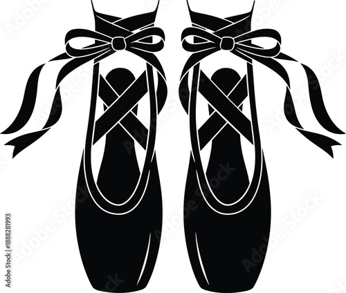 Stylized black and white ballet pointe shoes with flowing ribbon bows – elegant vector art for dance, fashion, and performance themes