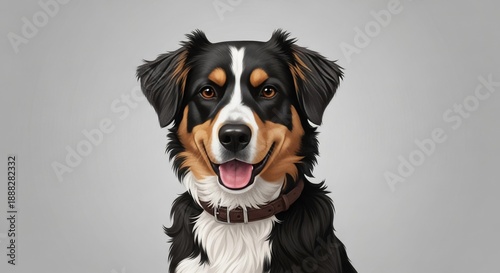 Smiling Tricolor Dog Portrait Illustration Isolated on Gray Background