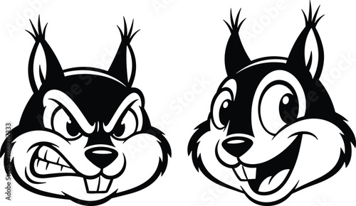 Cartoon squirrel character faces set, angry and happy expressions, cute animal mascot heads, black and white vector illustration