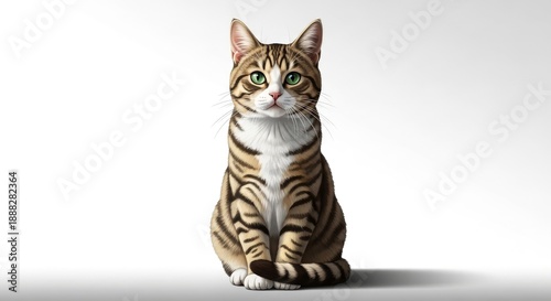 Realistic Tabby Cat Sitting Isolated on White Background