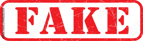 Red distressed FAKE stamp icon, grunge rectangular warning label, false information concept, bold vintage rubber typography, isolated on white background