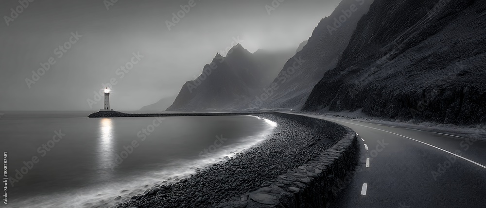 Naklejka premium coastal road curves toward distant lighthouse