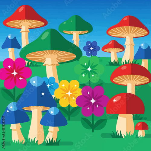 Colorful fantasy mushrooms and stylized flowers grow brightly in a lush green field under a clear blue sky, suggesting an enchanted forest.
